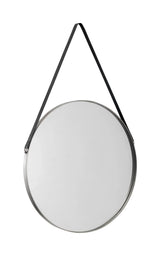 Round wall mirror with metal frame and black hanging strap against white background