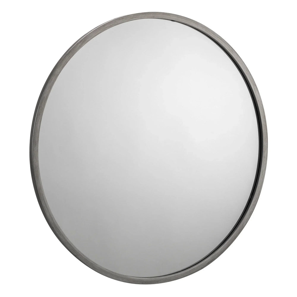 round pewter mirror with slim metal frame against white background