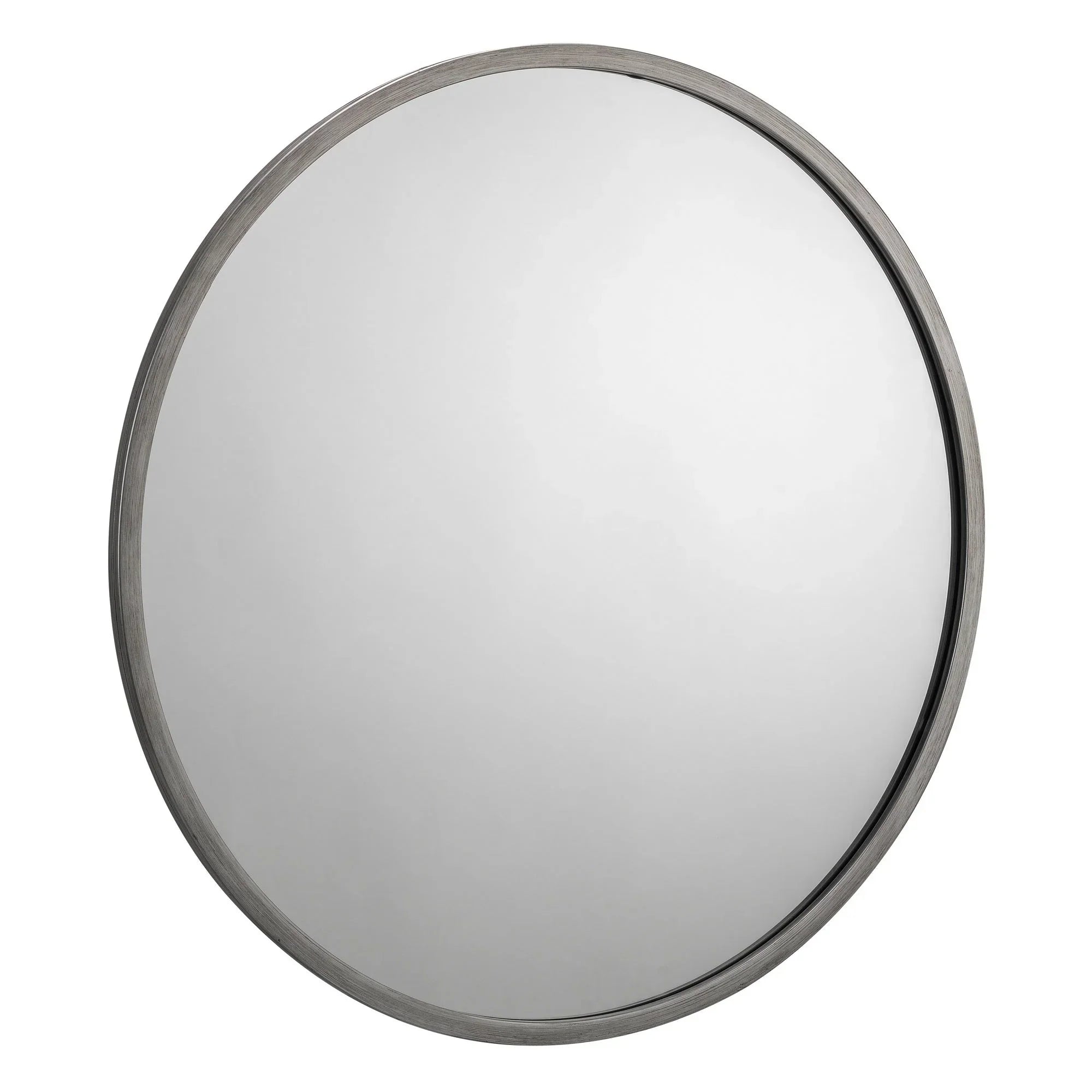 round pewter mirror with slim metal frame against white background