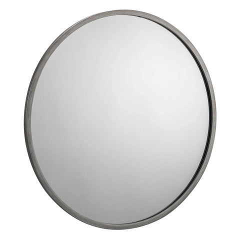 round pewter mirror with slim metal frame against white background