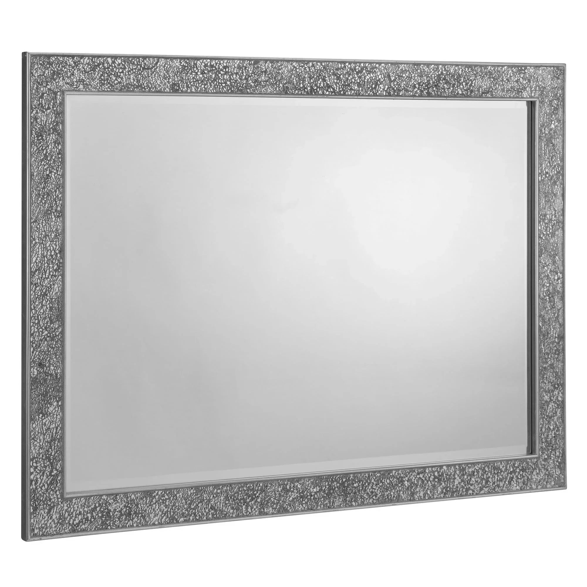 Rectangular wall mirror with textured silver frame and clear reflective glass