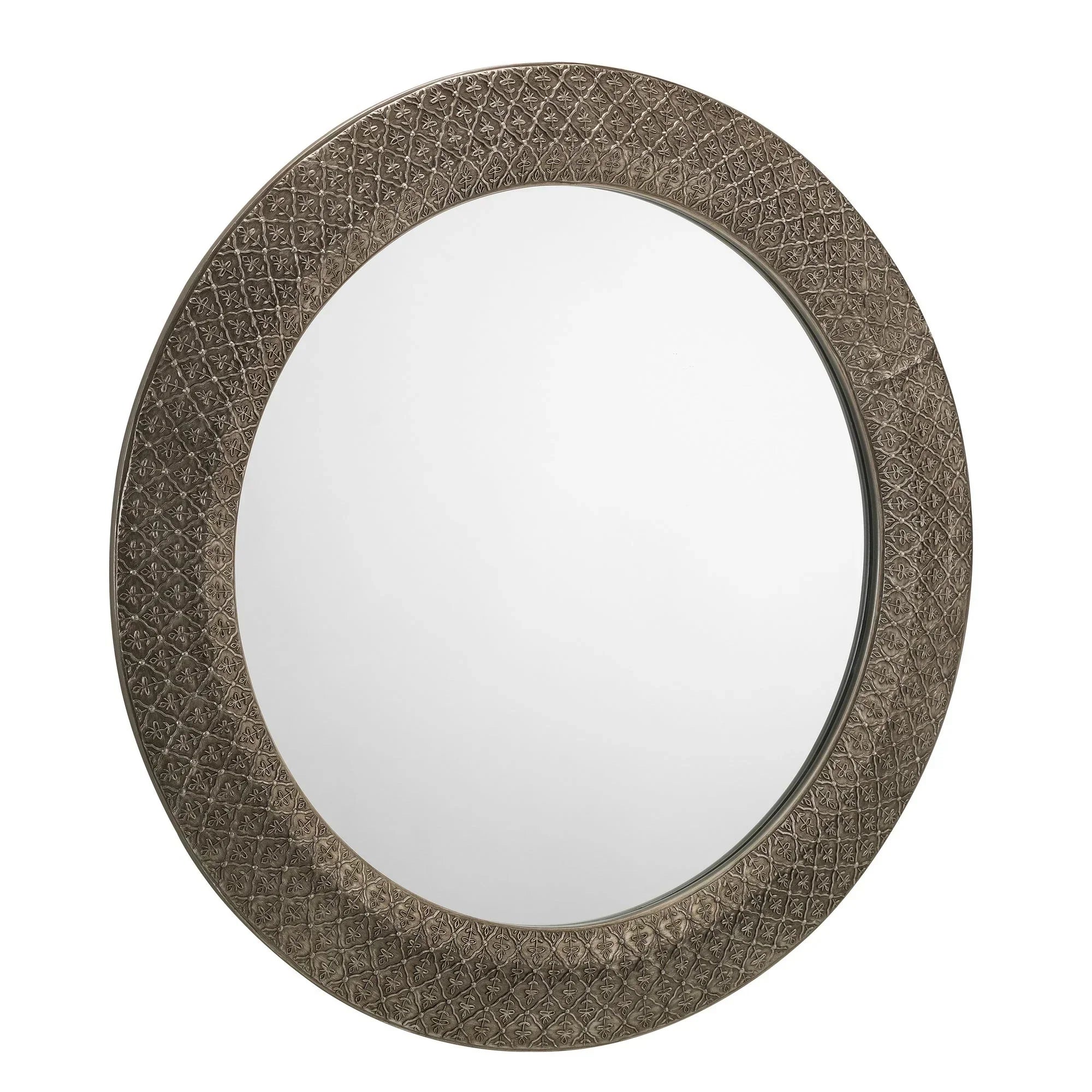 Round wall mirror with embossed metallic frame and decorative patterns