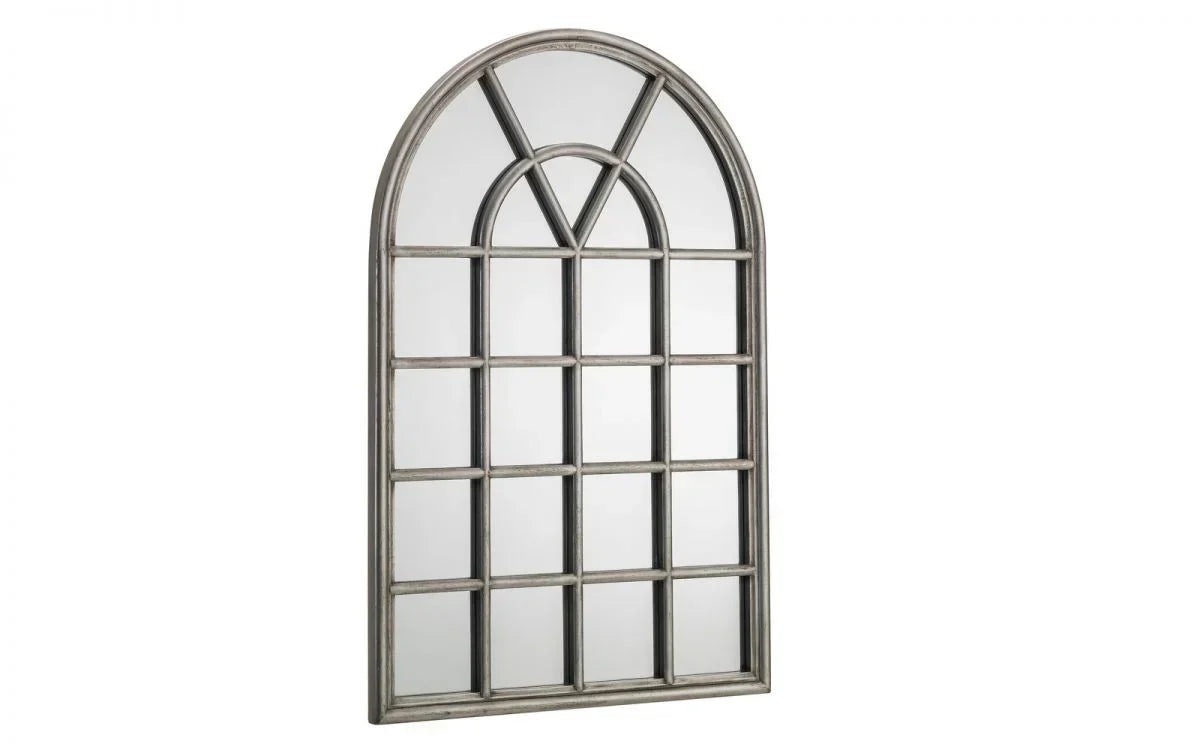 Arched window mirror with distressed metal frame and grid pattern for home decor