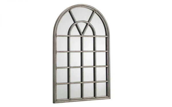 Arched window mirror with distressed metal frame and grid pattern for home decor