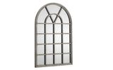 Arched window mirror with distressed metal frame and grid pattern for home decor