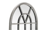 Arched wall mirror with distressed silver metal frame and decorative windowpane design