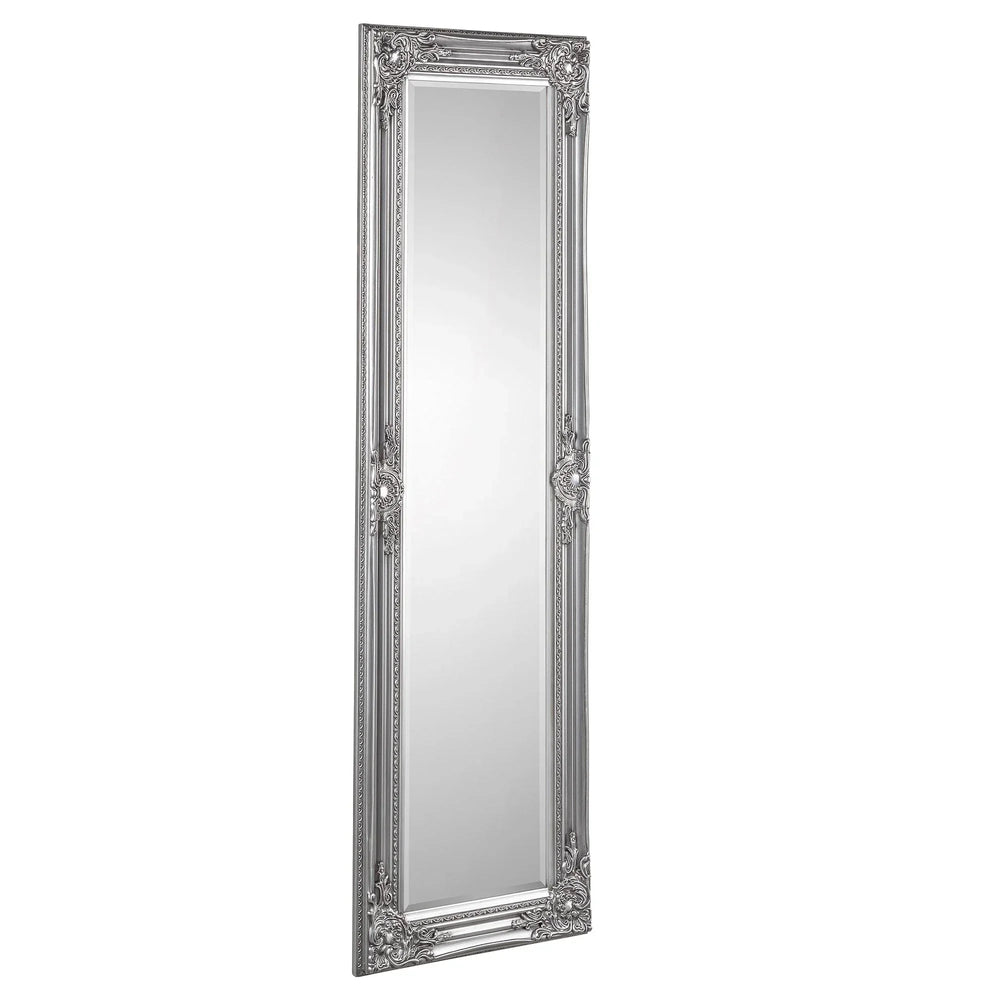 Full length pewter dress mirror with ornate decorative frame and bevelled glass