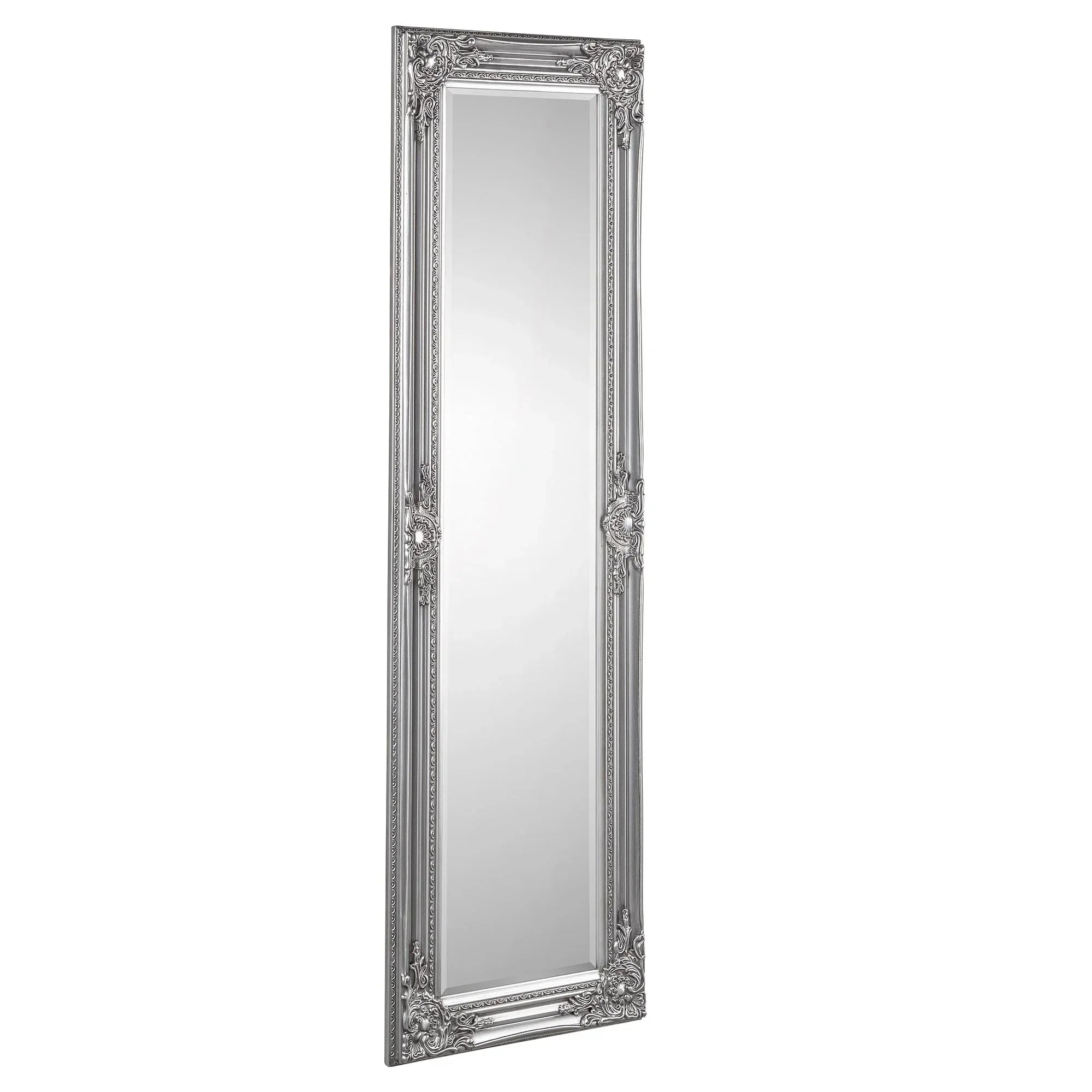Full length pewter dress mirror with ornate decorative frame and bevelled glass