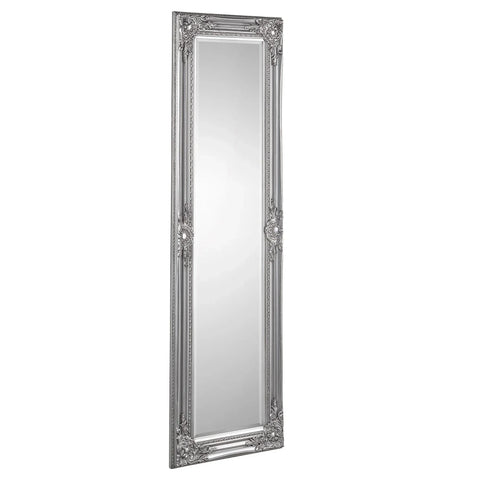 Full length pewter dress mirror with ornate decorative frame and bevelled glass
