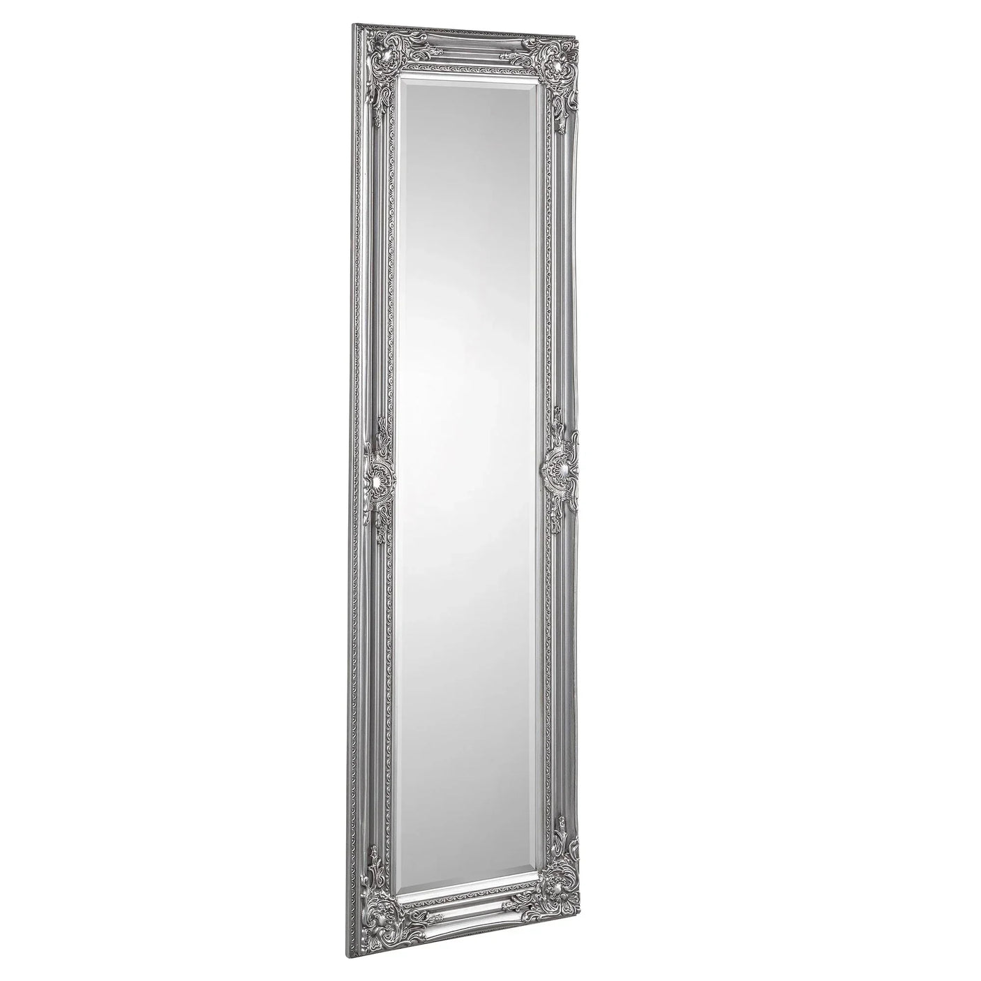 Full length pewter dress mirror with ornate decorative frame and bevelled glass