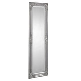 Full length pewter dress mirror with ornate decorative frame and bevelled glass