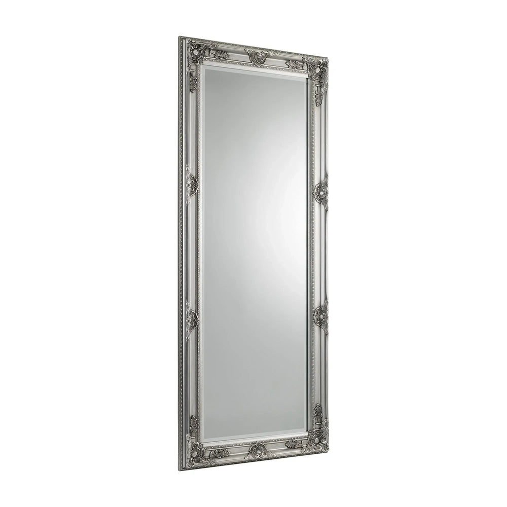 Pewter lean-to dress mirror with ornate rectangular frame on white background
