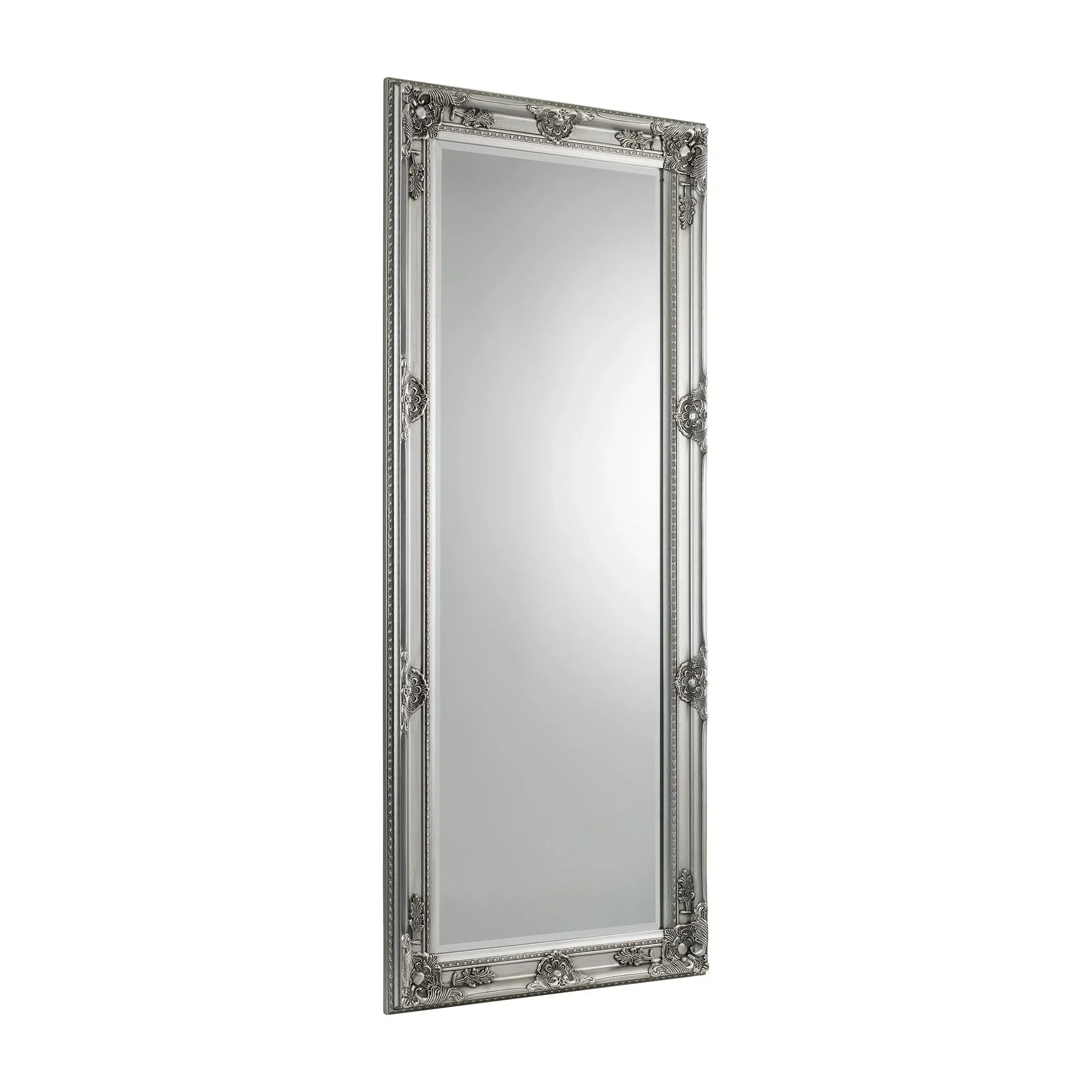 Pewter lean-to dress mirror with ornate rectangular frame on white background