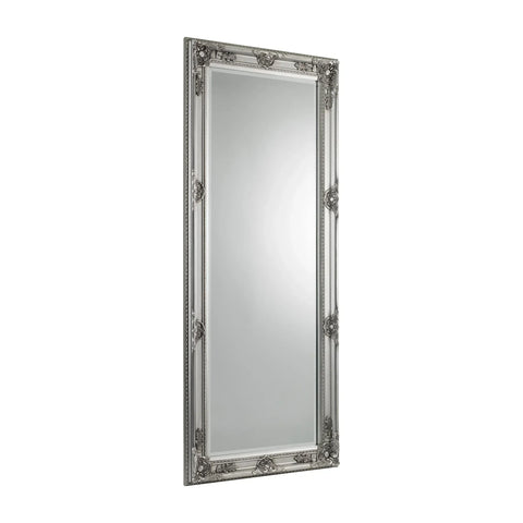 Pewter lean-to dress mirror with ornate rectangular frame on white background
