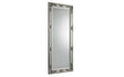 Tall rectangular silver mirror with ornate decorative frame detailing