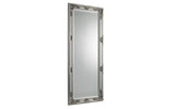 Tall rectangular silver mirror with ornate decorative frame detailing