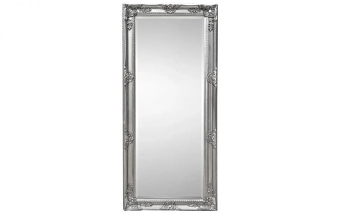 Large rectangular wall mirror with ornate silver frame and decorative floral accents