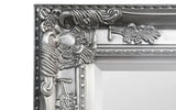 Close-up of silver ornate mirror frame with floral detailing and embossed edges