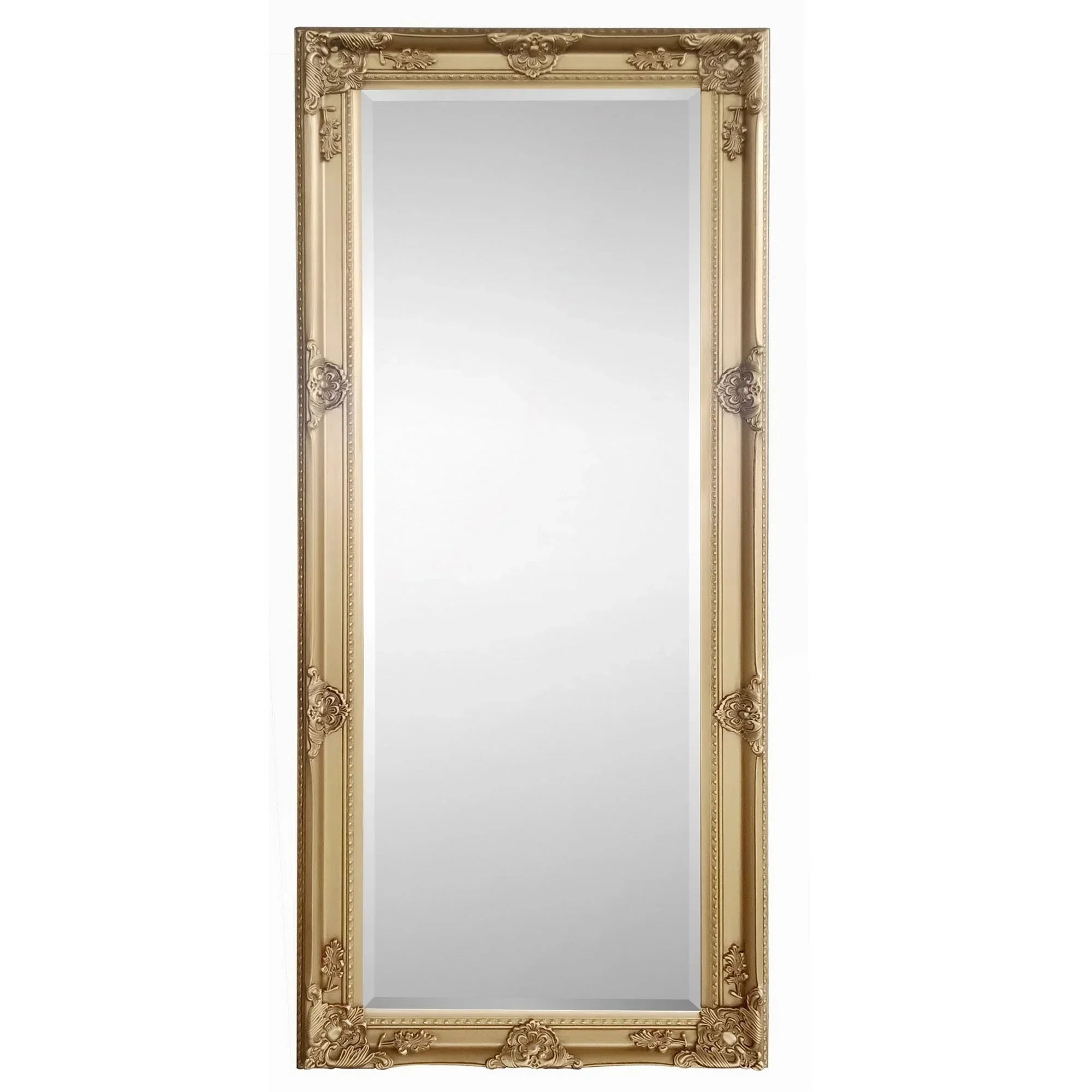 Gold dress mirror with ornate frame and full-length reflective surface