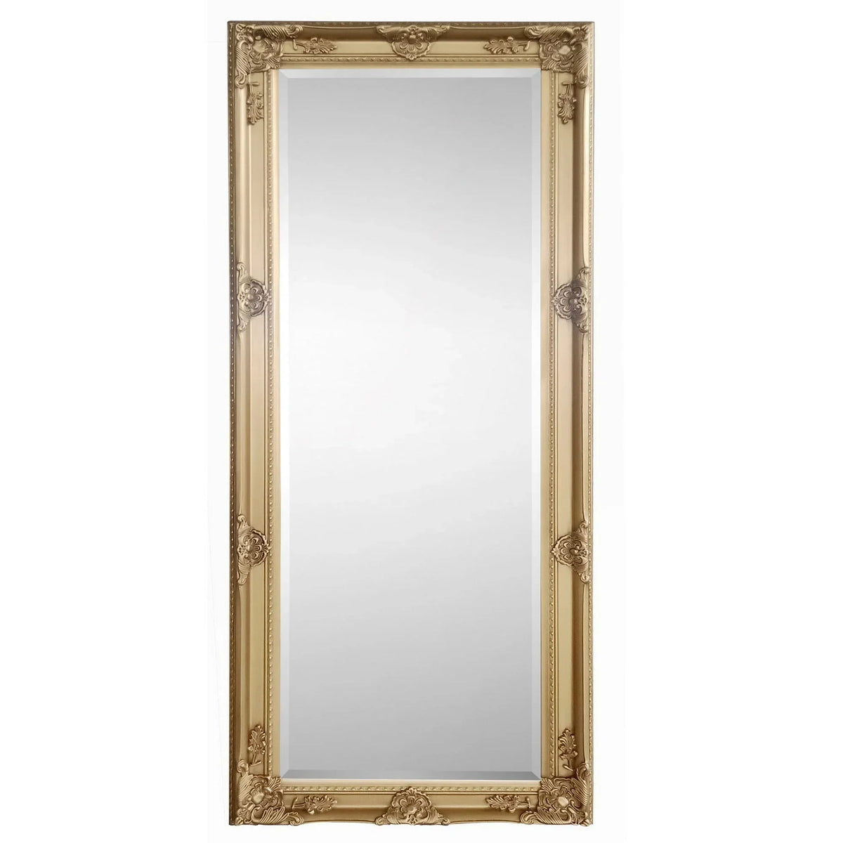 Gold dress mirror with ornate frame and full-length reflective surface
