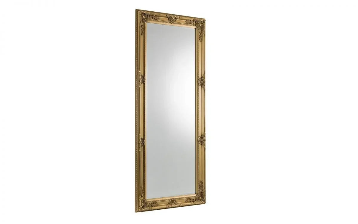 Gold ornate wall mirror with rectangular frame and decorative detailing