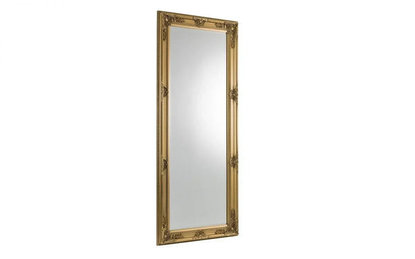 Gold ornate wall mirror with rectangular frame and decorative detailing