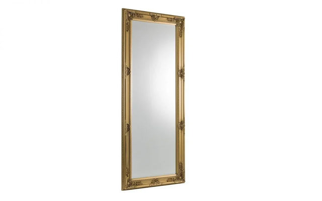 Gold ornate wall mirror with rectangular frame and decorative detailing
