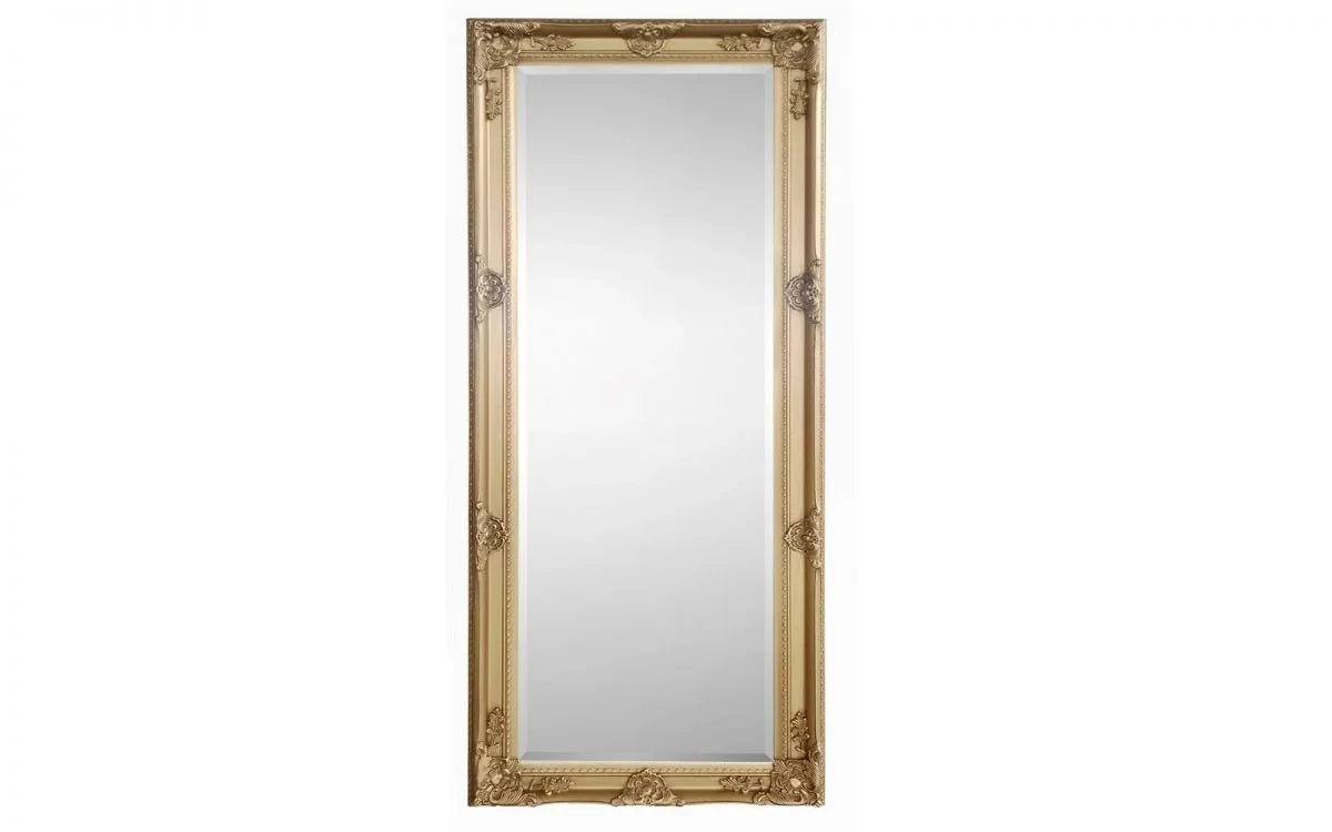 Full length mirror with gold ornate frame and decorative detailing