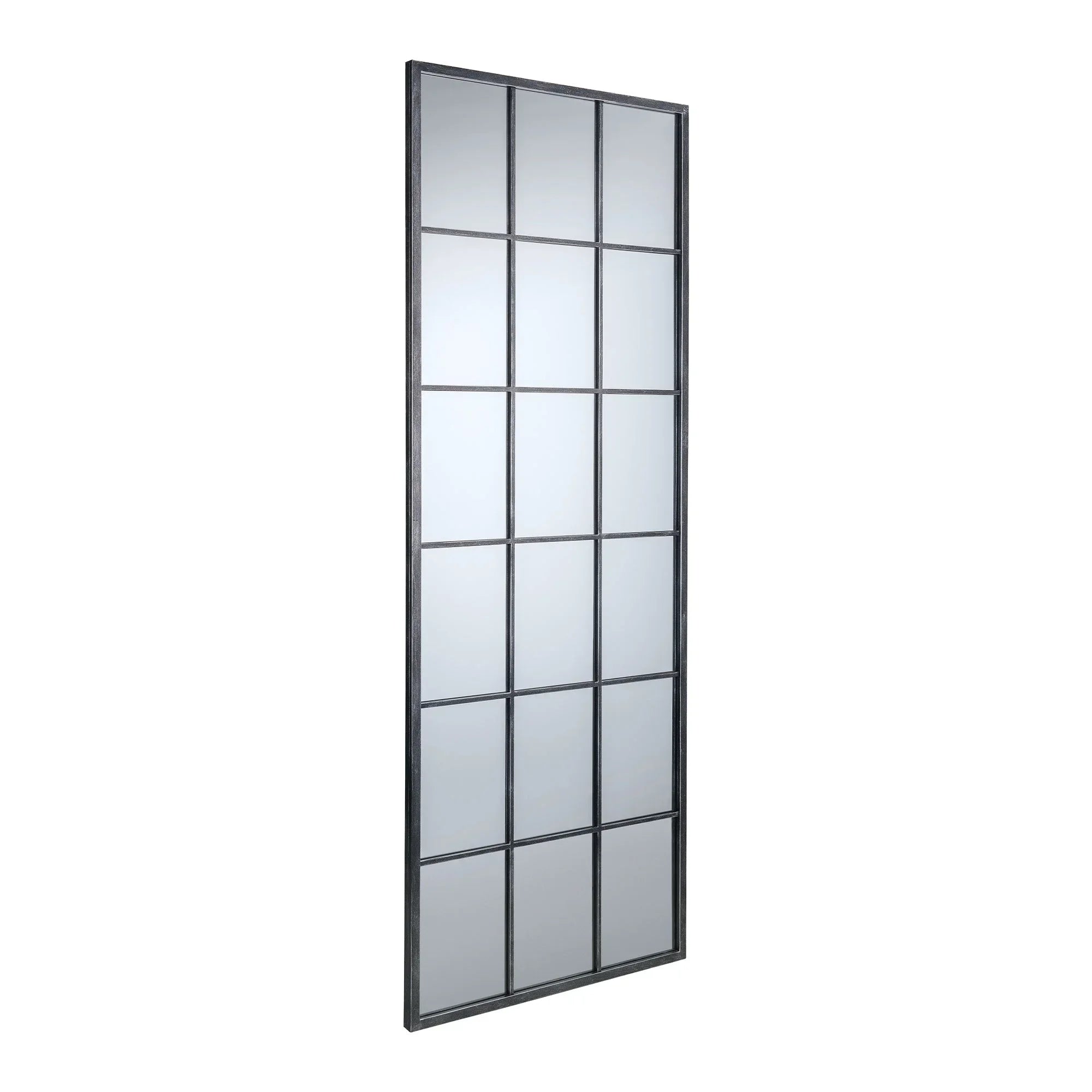 tall rectangular mirror with black metal grid frame, wall leaning, loft style