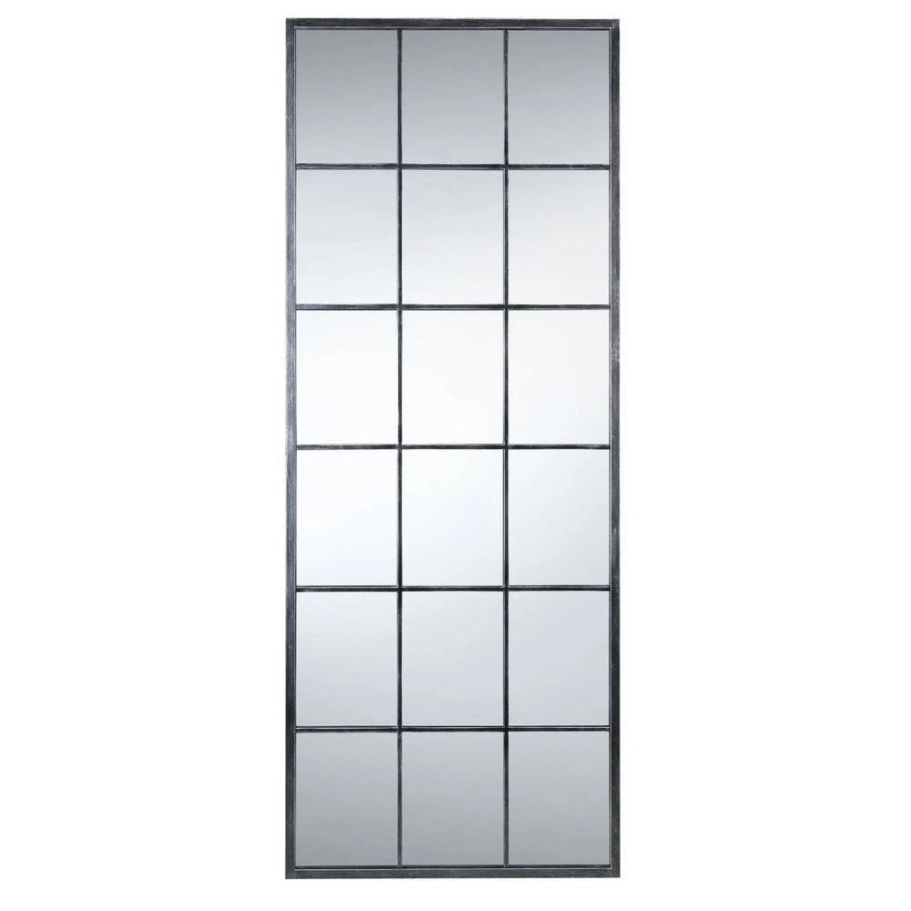 Rectangular panelled wall mirror with black metal grid frame, full length view