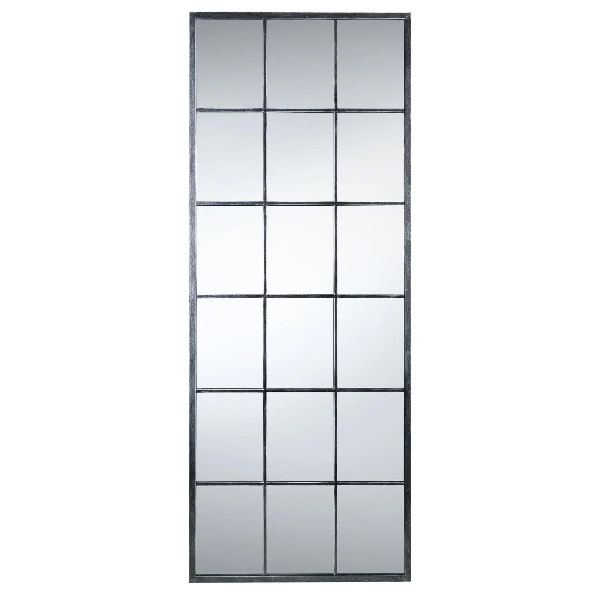 Rectangular panelled wall mirror with black metal grid frame, full length view