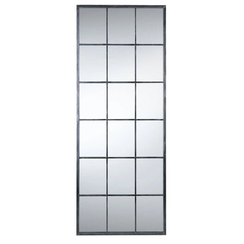 Rectangular panelled wall mirror with black metal grid frame, full length view