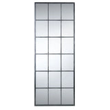 Rectangular panelled wall mirror with black metal grid frame, full length view