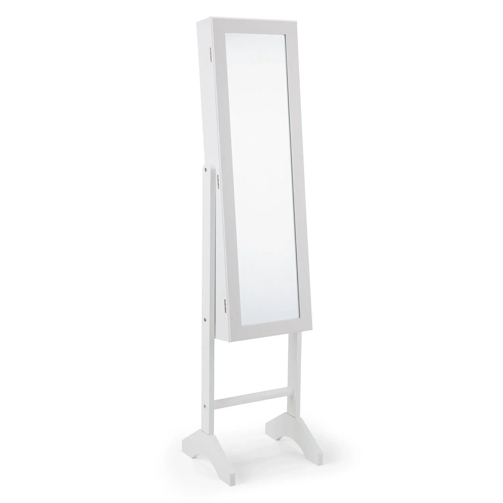 White freestanding jewellery mirror cabinet with full-length glass and wooden frame
