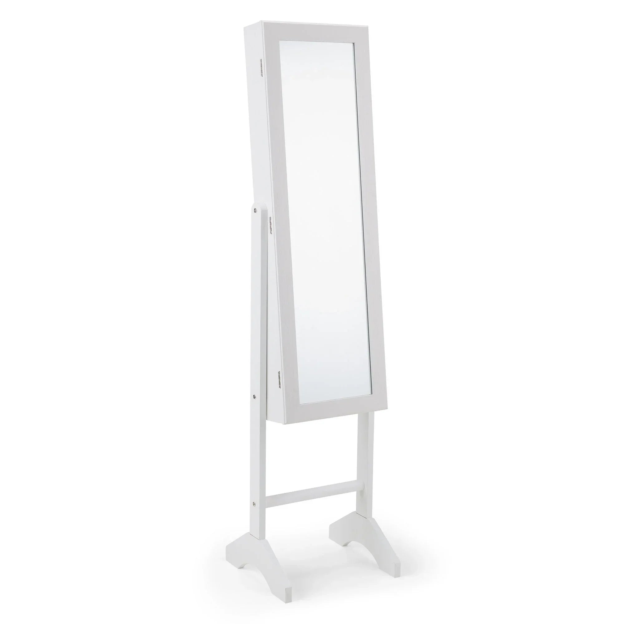 White freestanding jewellery mirror cabinet with full-length glass and wooden frame