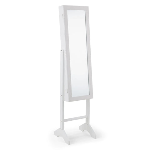 White freestanding jewellery mirror cabinet with full-length glass and wooden frame