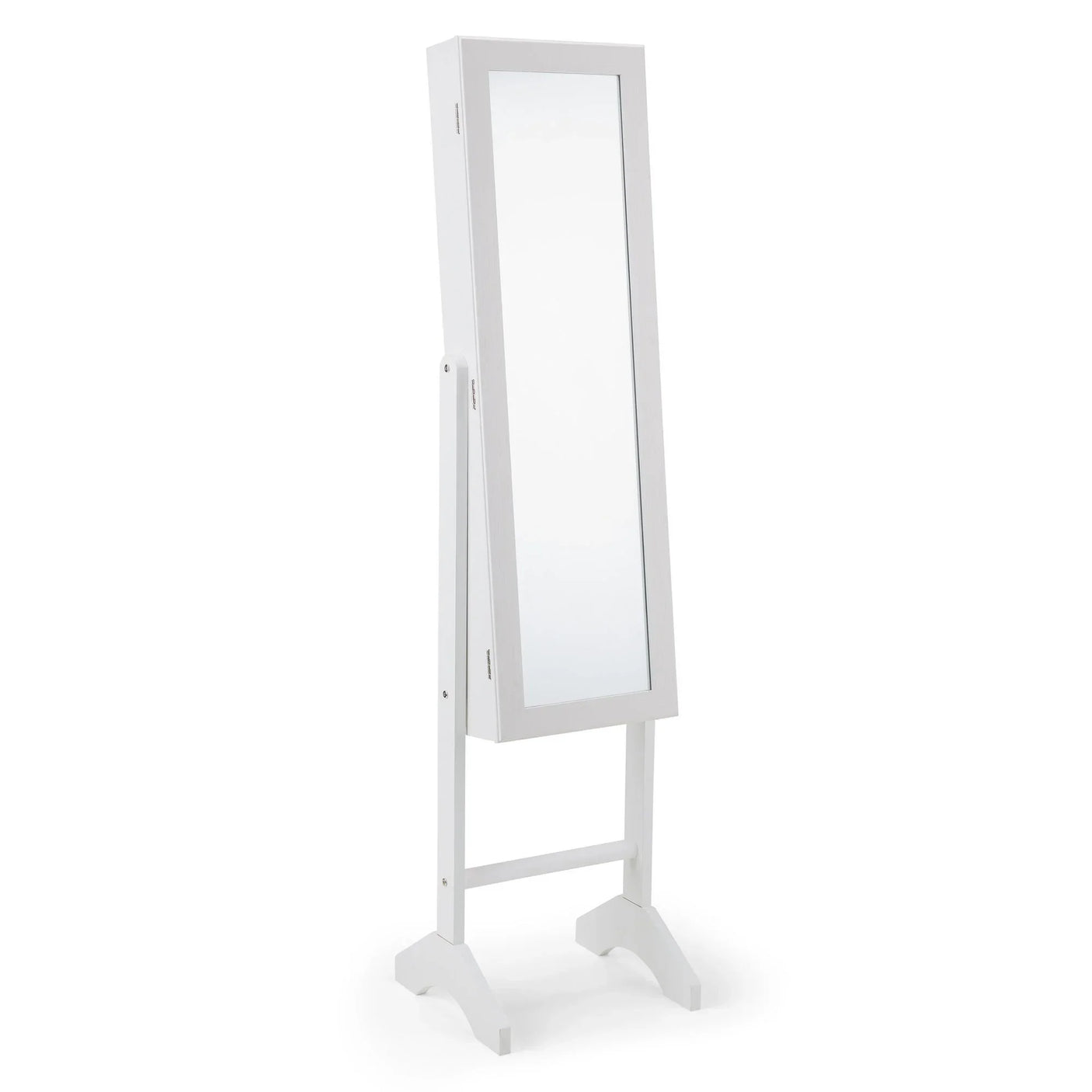 White freestanding jewellery mirror cabinet with full-length glass and wooden frame