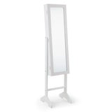 White freestanding jewellery mirror cabinet with full-length glass and wooden frame
