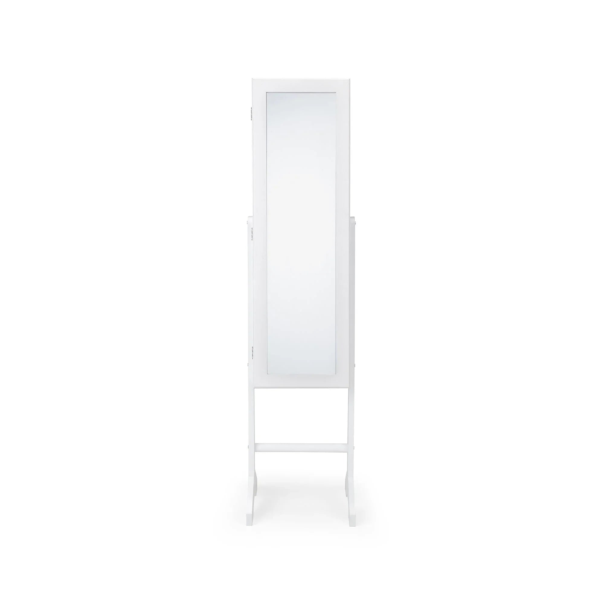 White jewellery mirror cabinet with full-length glass and stand, front view