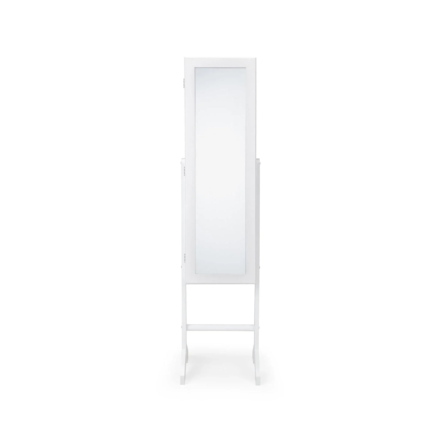 White jewellery mirror cabinet with full-length glass and stand, front view
