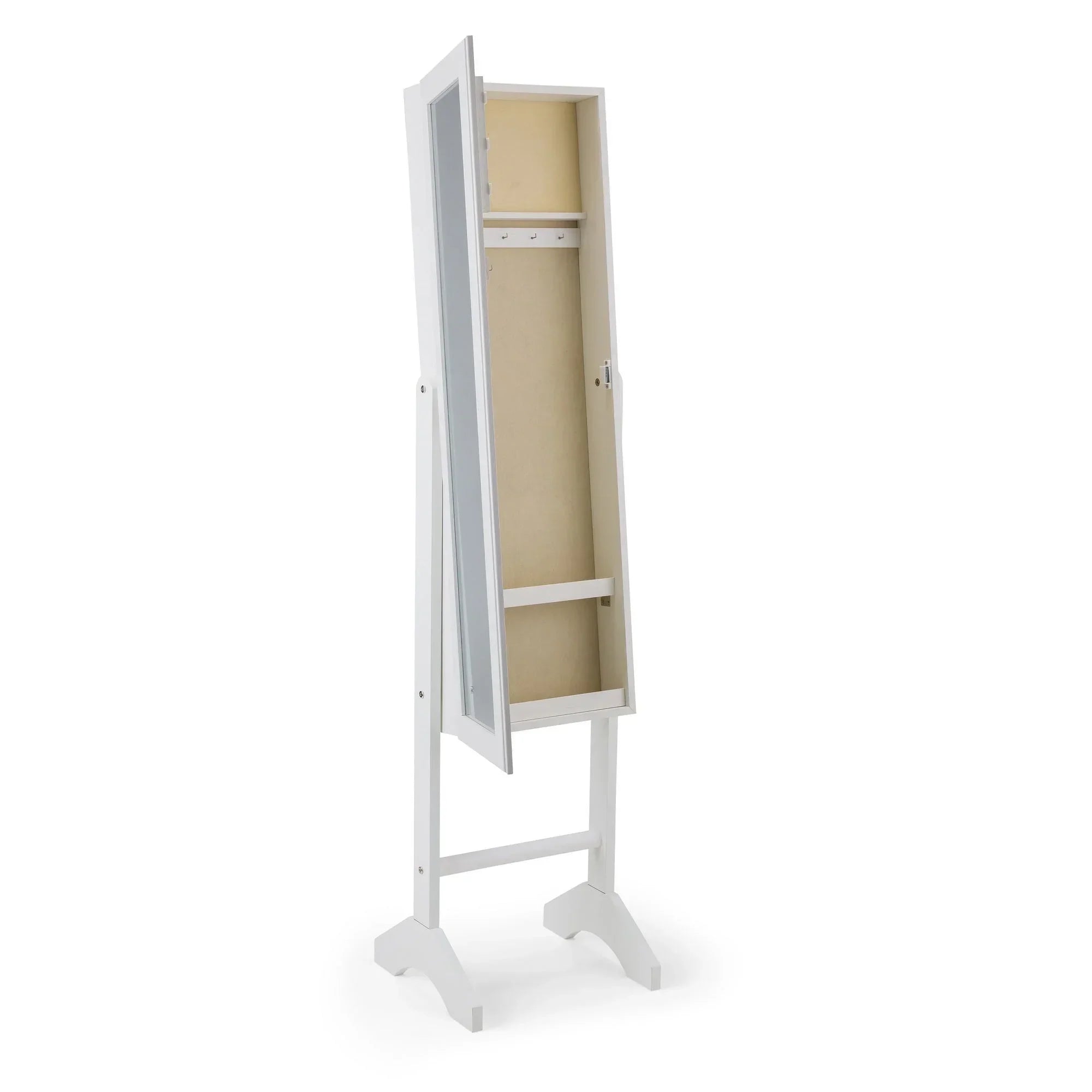 White jewellery mirror cabinet with open door showing interior hooks and storage shelves