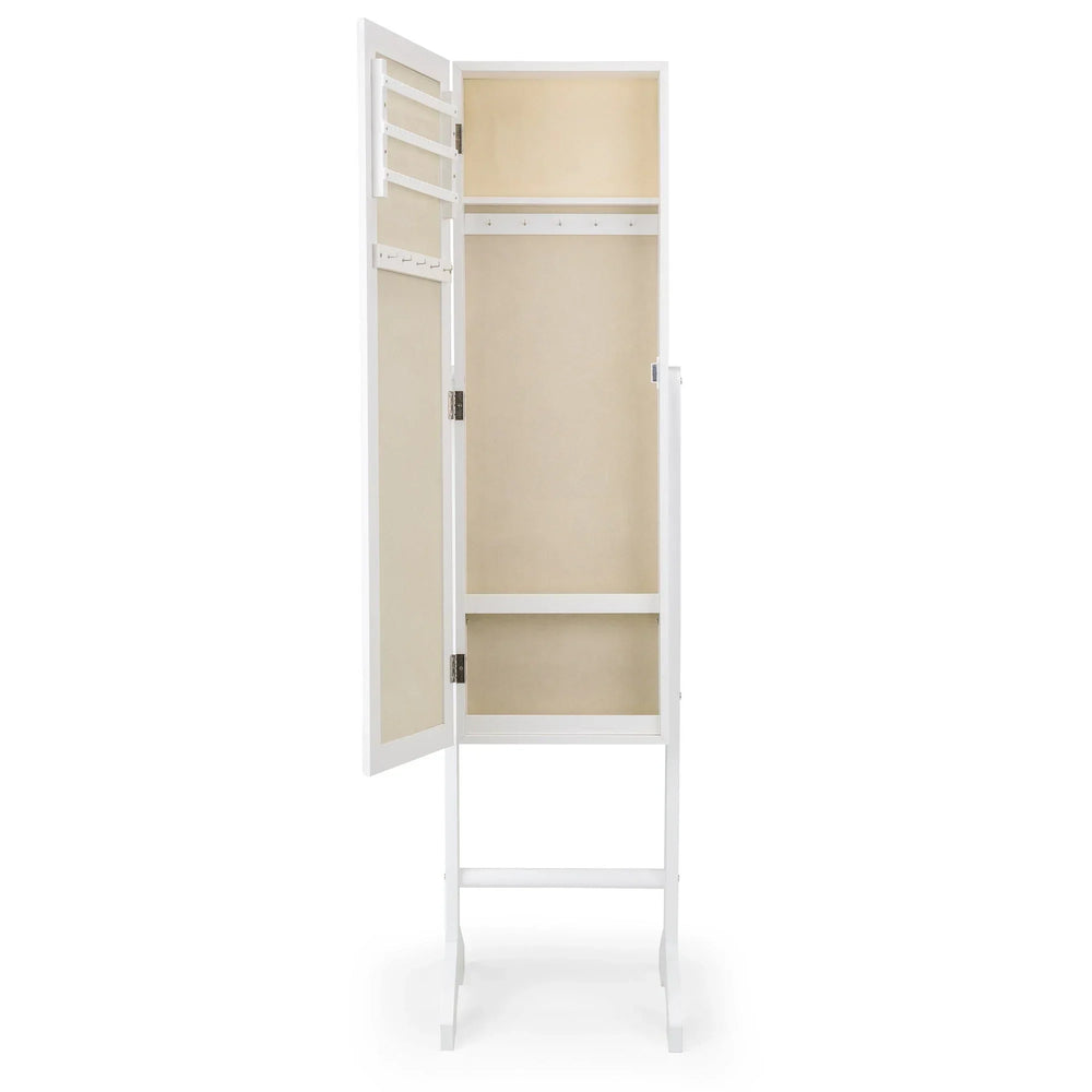 White jewellery mirror cabinet open showing internal hooks and storage compartments