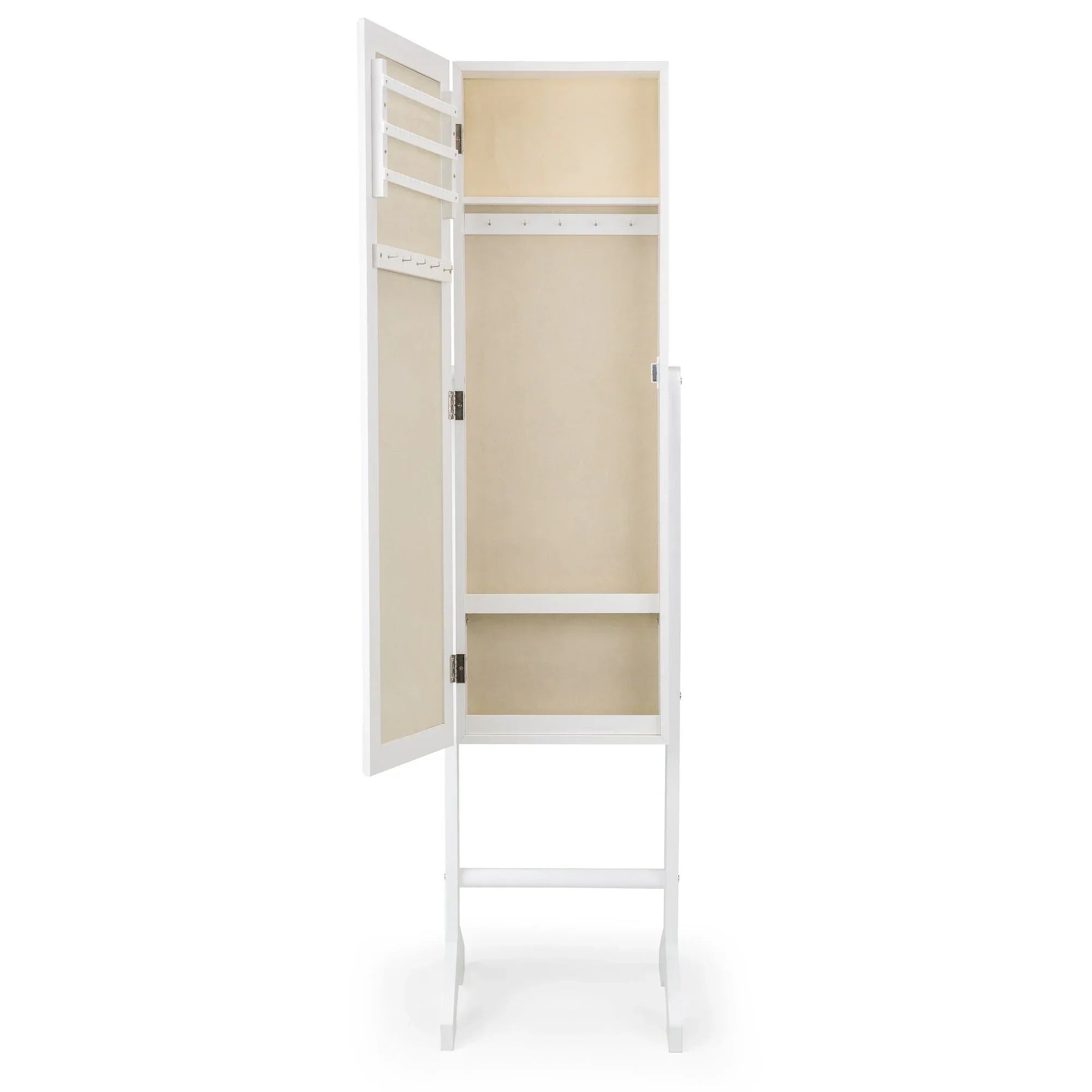 White jewellery mirror cabinet open showing internal hooks and storage compartments