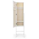 White jewellery mirror cabinet open showing internal hooks and storage compartments