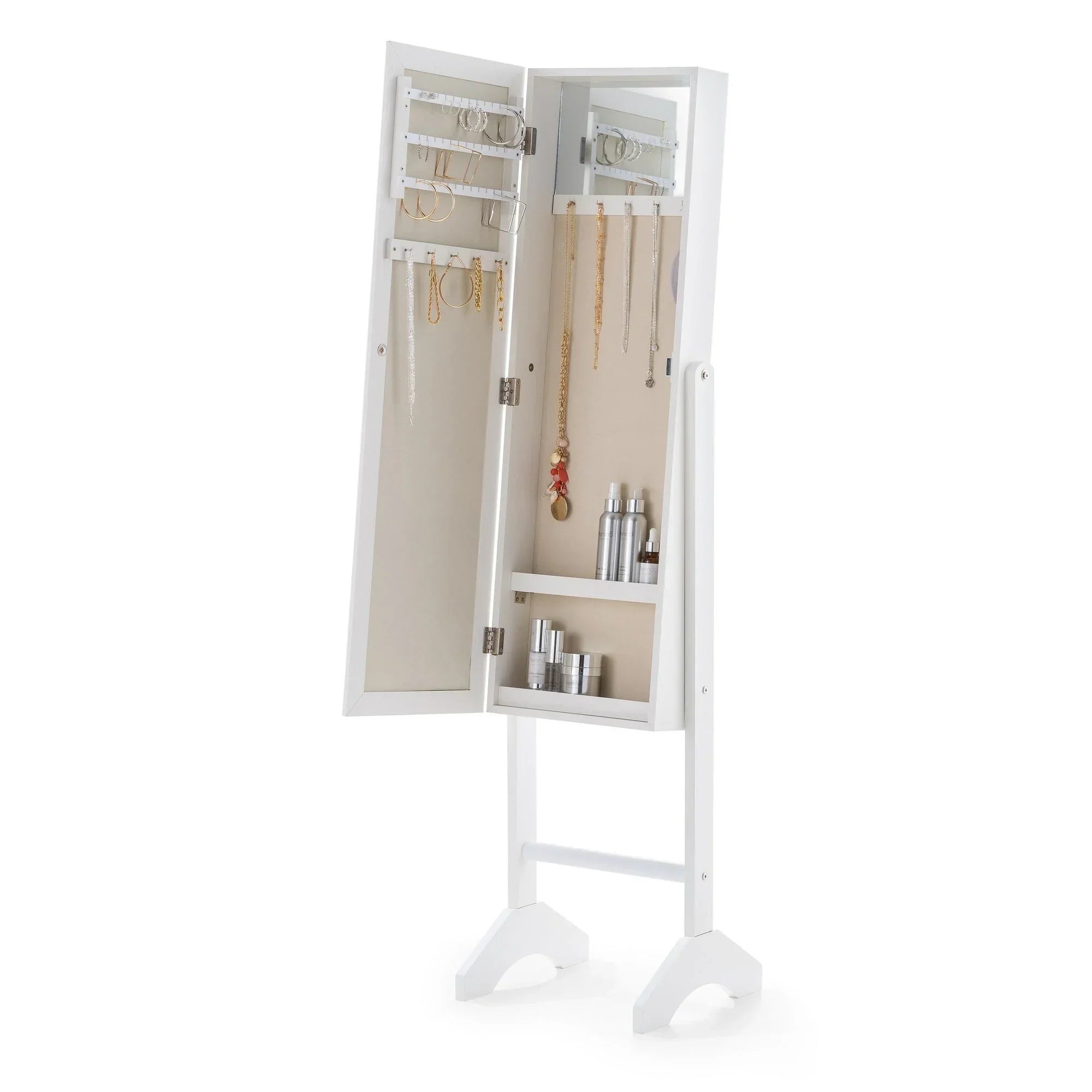 White jewellery mirror cabinet with open door showing shelves and hanging storage for accessories