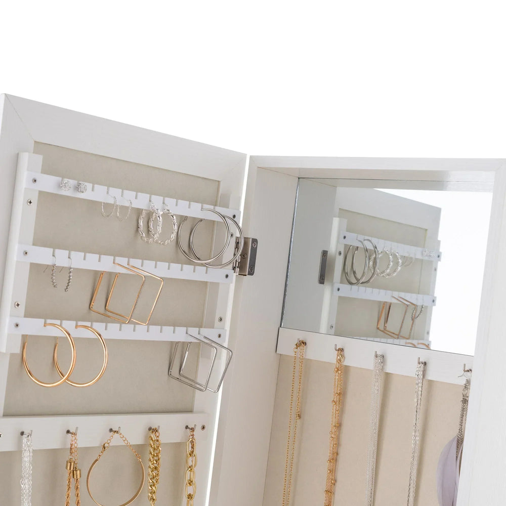 White jewellery mirror cabinet with earring and necklace storage compartments