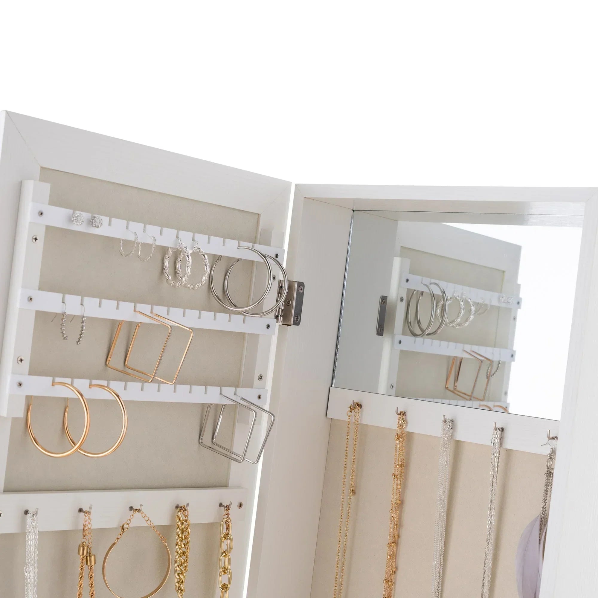 White jewellery mirror cabinet with earring and necklace storage compartments