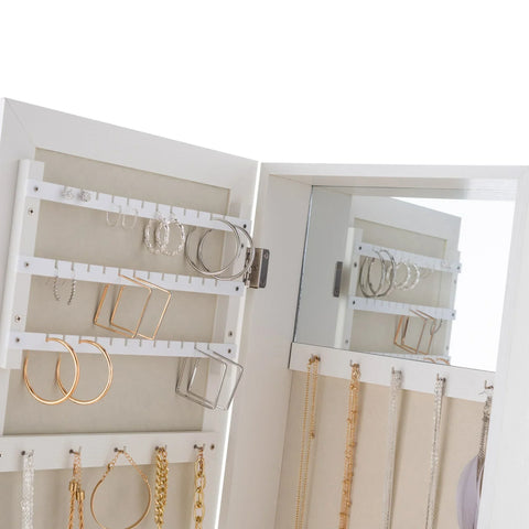 White jewellery mirror cabinet with earring and necklace storage compartments