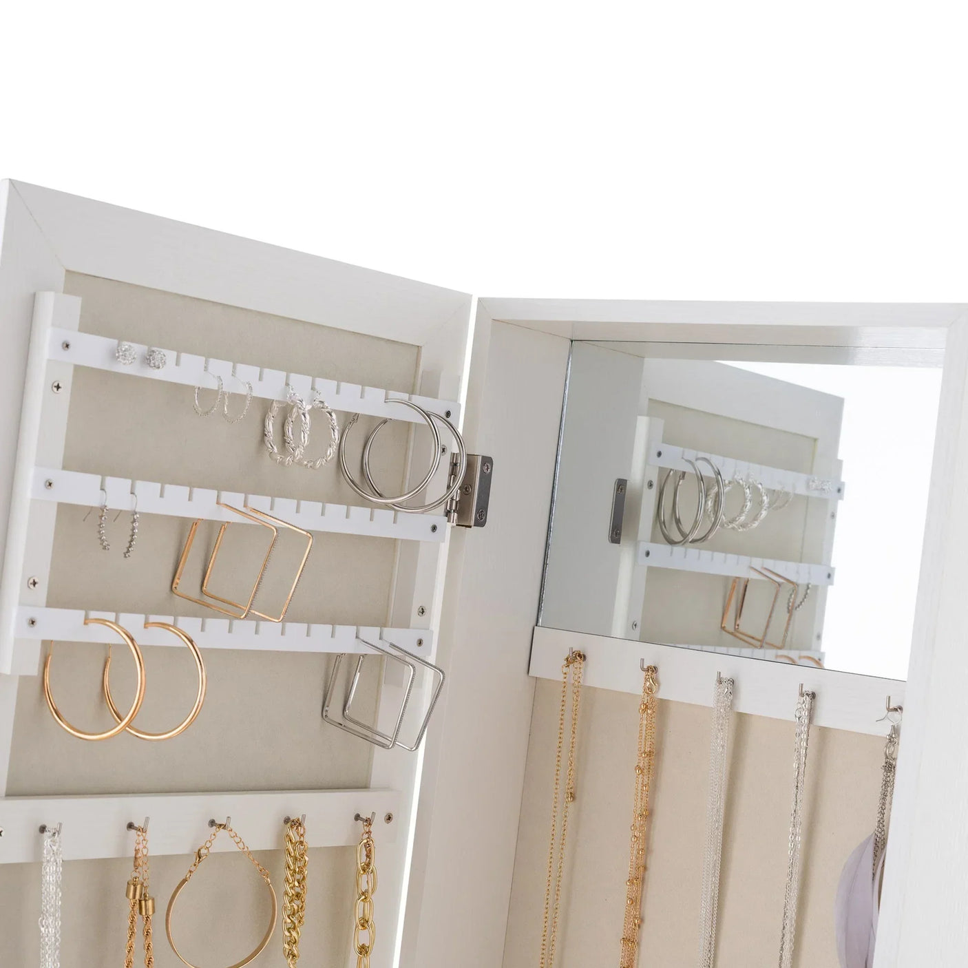 White jewellery mirror cabinet with earring and necklace storage compartments