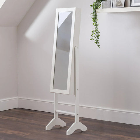 White jewellery mirror with tilting frame on wooden floor in modern bedroom corner